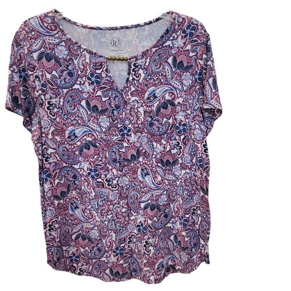 Westport 1962 Sz L SS Floral Beaded Keyhole Neckline Rayon Blend Stretch Blouse - Picture 1 of 6